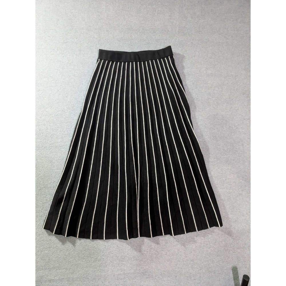 MOTF Shein Pleated Knit Midi Skirt Medium NWT Black White Striped Chic